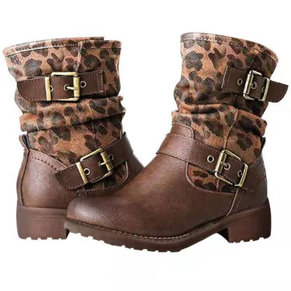 Autumn And Winter New Leopard Print High Round Toe Knight Boots Belt Buckle Low Heel Martin Boots