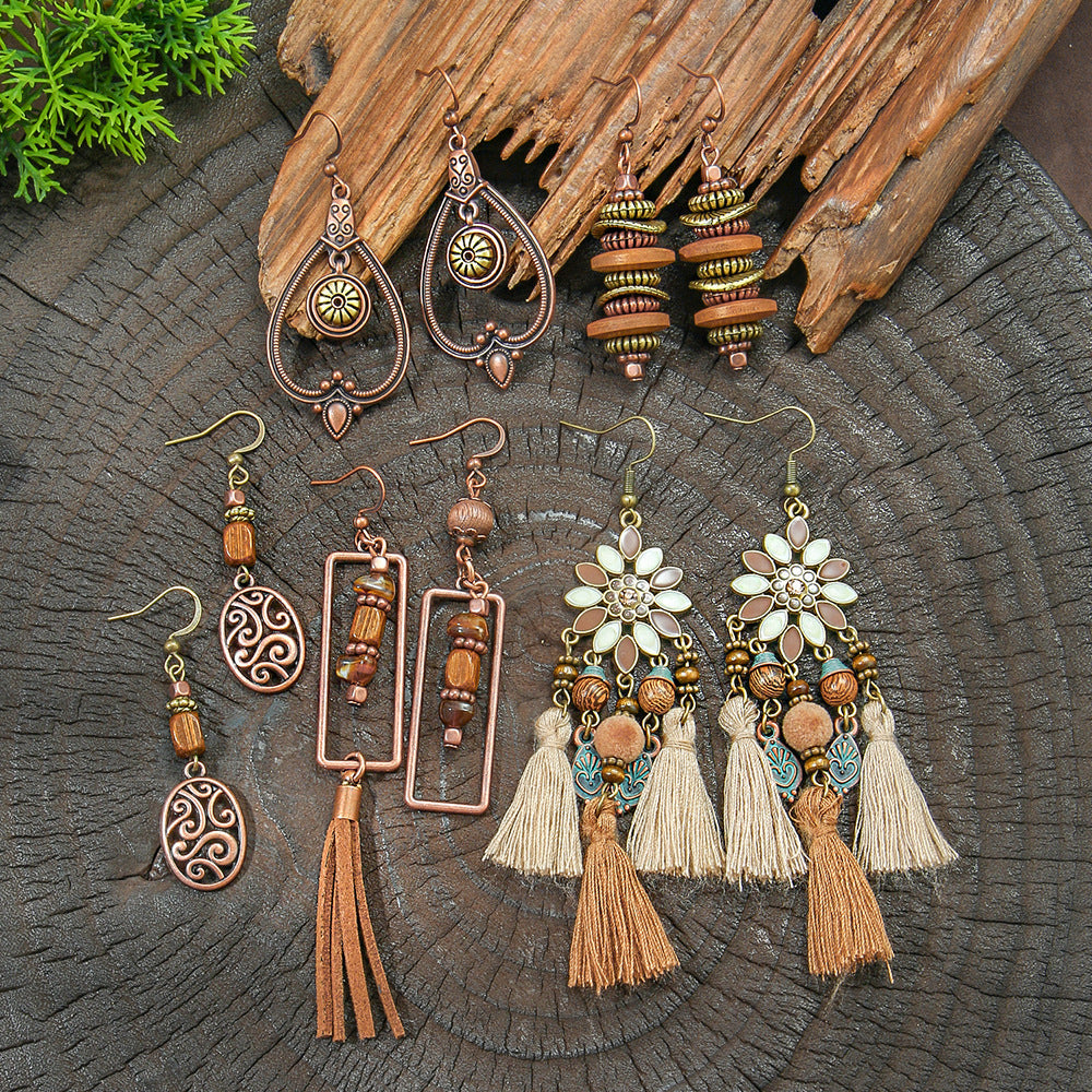Geometric Alloy Earrings Stylish Bohemian Wood Dangle Earrings