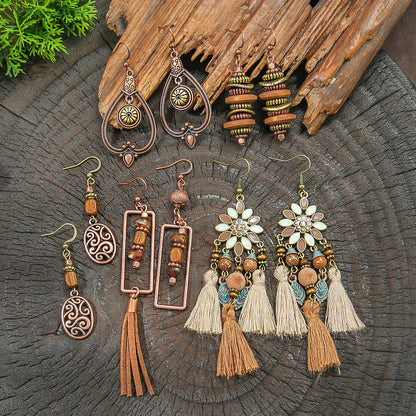 Geometric Alloy Earrings Stylish Bohemian Wood Dangle Earrings