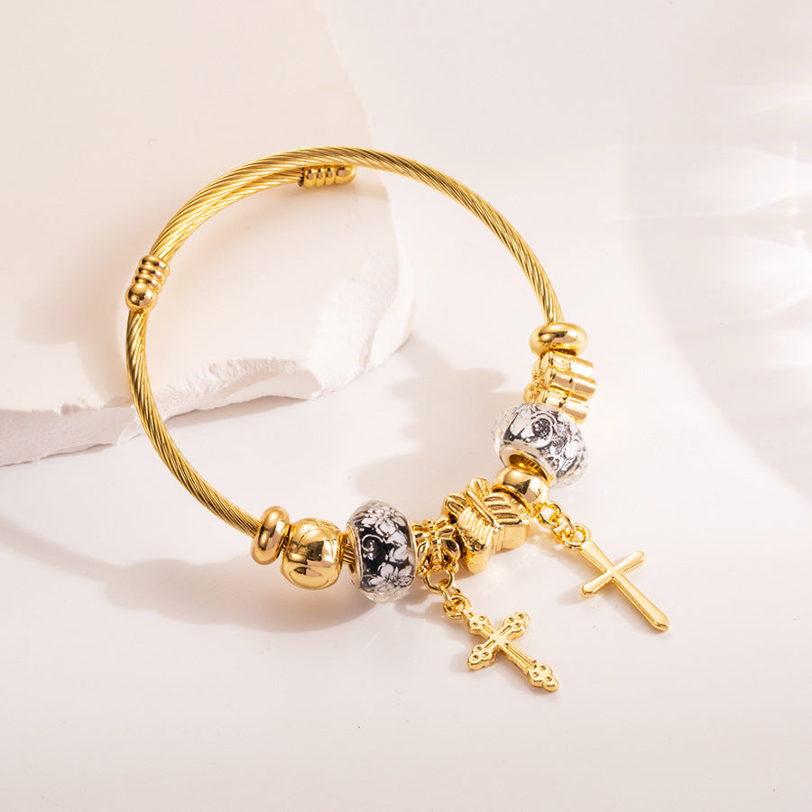 Stainless Steel Evil Eye Bracelet with Cross Charm for Women
