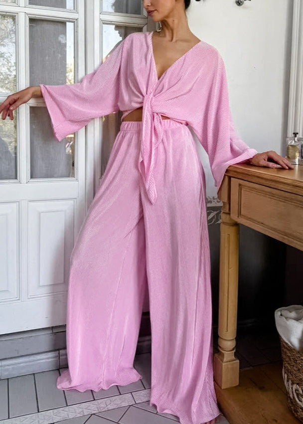Pleated Wide Leg Lounge Set In Lightweight Fabric