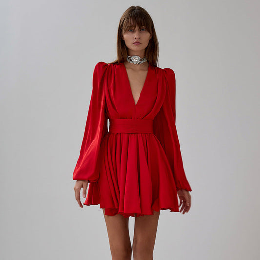 French Pleated Dress With Puff Sleeves and V-Neck