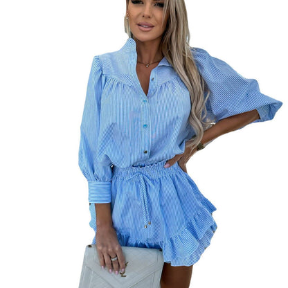 Stripe Pattern Dress Set Polyester Casual Chic