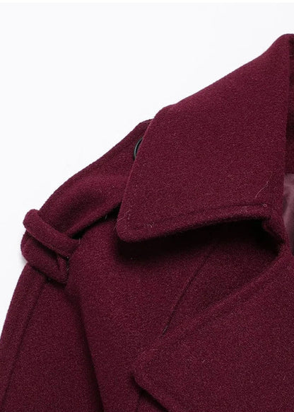 Double Breasted Belted Trench Coat Burgundy Fabric