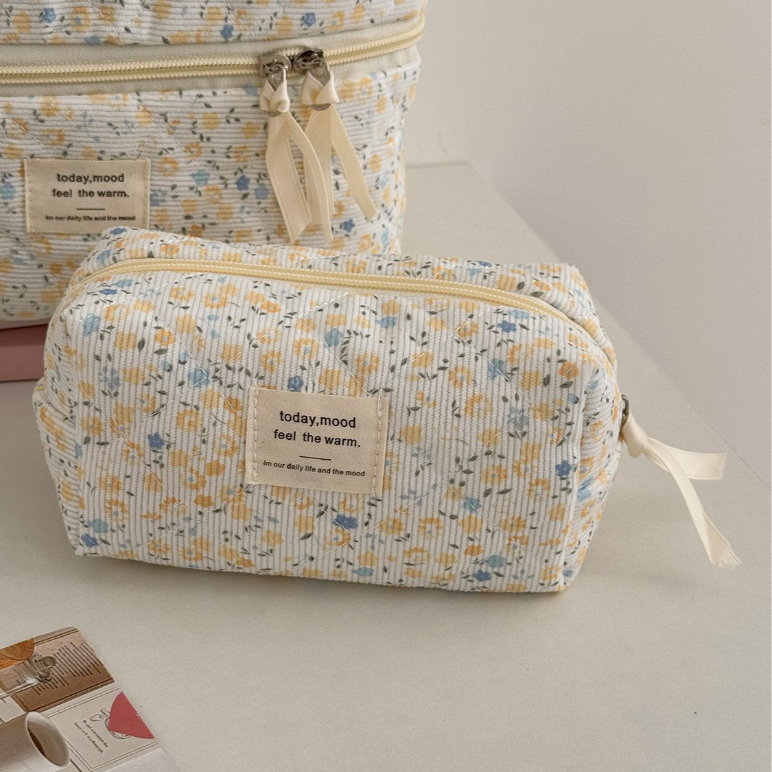 Cute Corduroy Flower Print Travel Makeup Bag