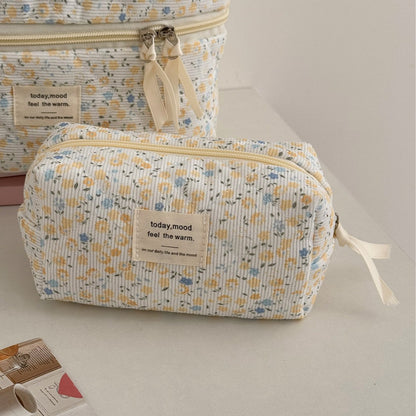 Cute Corduroy Flower Print Travel Makeup Bag