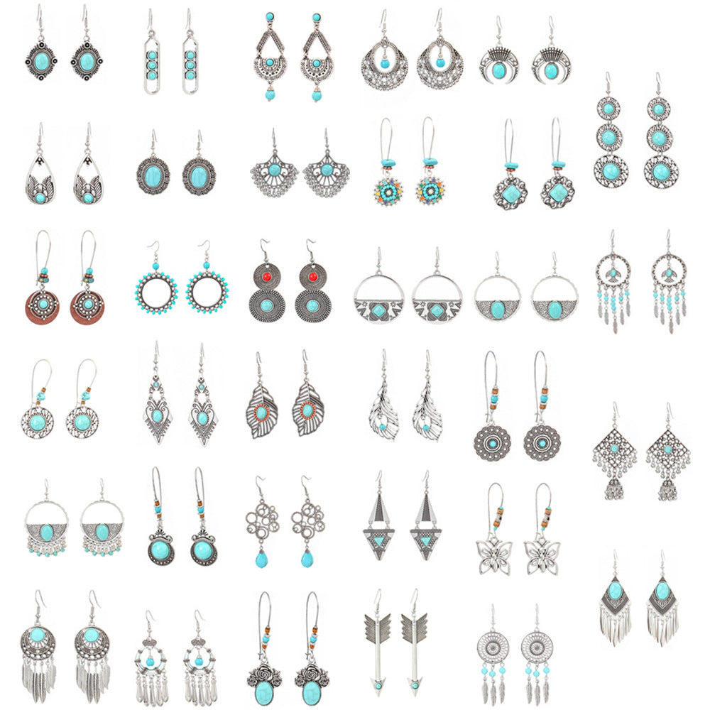 Geometric Turquoise Fringe Earrings Set Bohemian Style