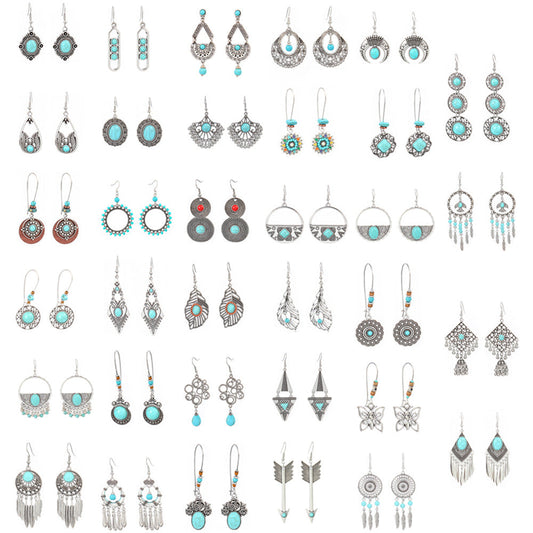 Geometric Turquoise Fringe Earrings Set Bohemian Style