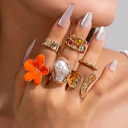 Flower-Decorated Pearl Ring Set Retro Baroque Geometric Rings