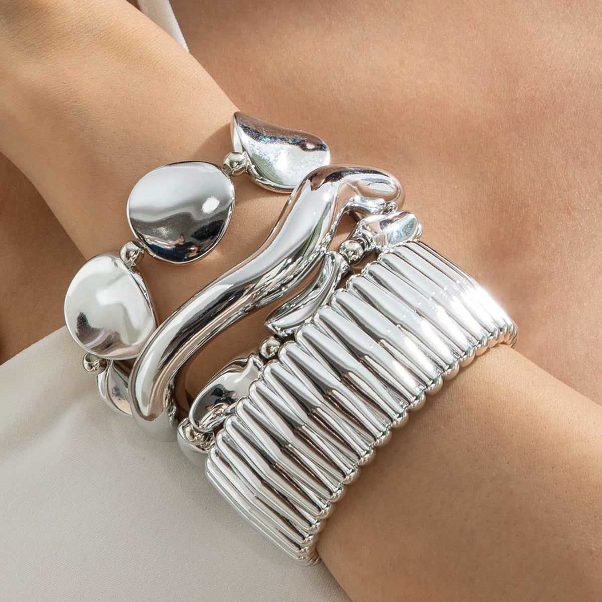 Layered Geometric Statement Cuff Bracelet Set