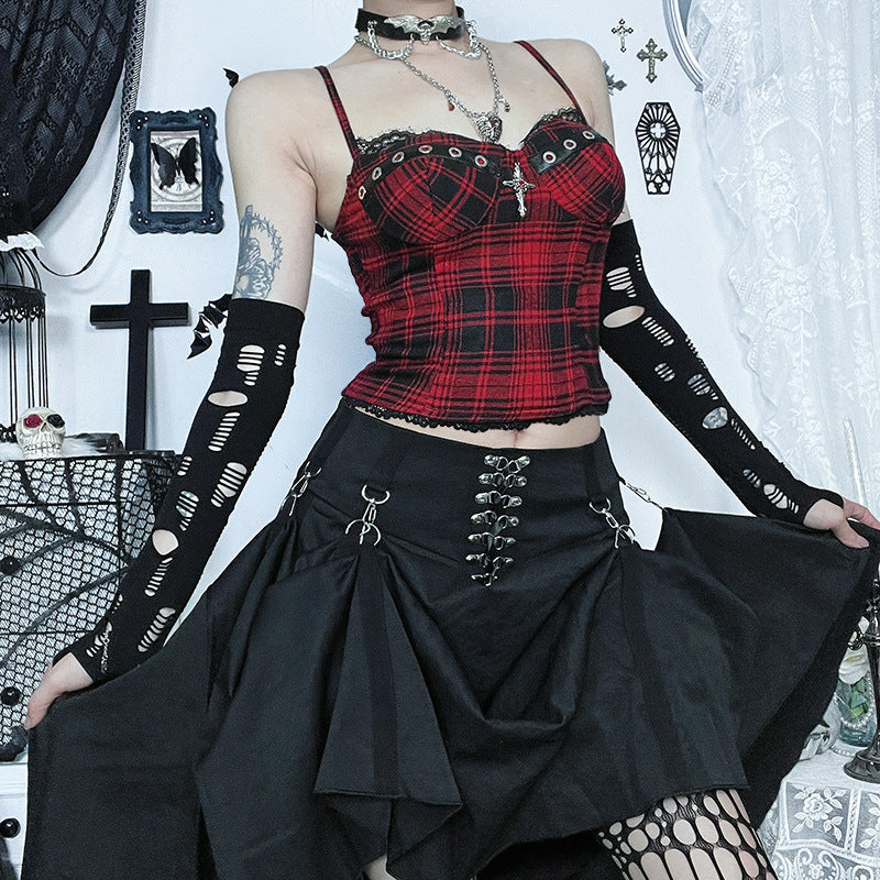 Dark Style Checkered Cami Top with Padding for Women