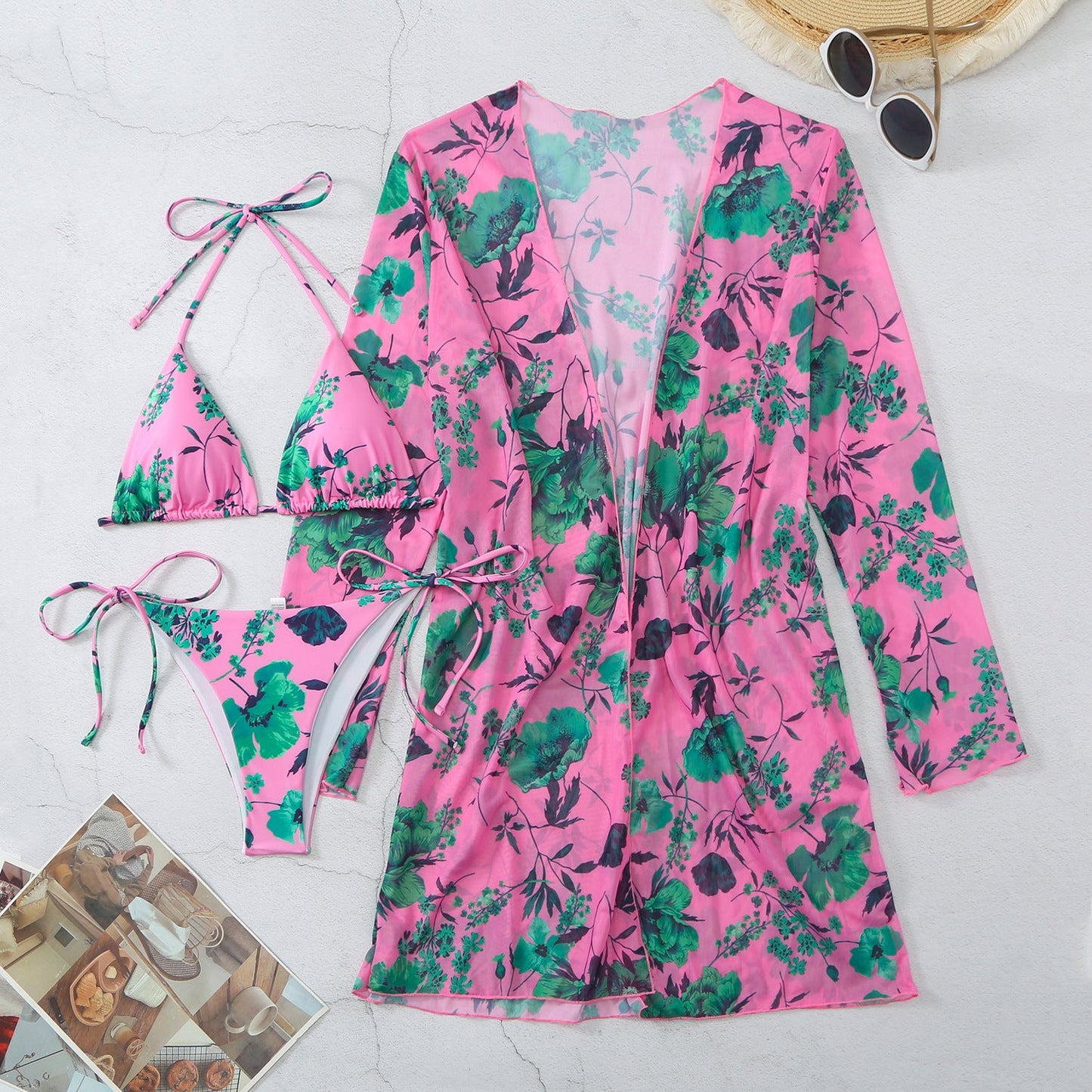 5 Colors Swimwear Printed Mesh Three-Piece Cover-Up Bikini Swimsuit