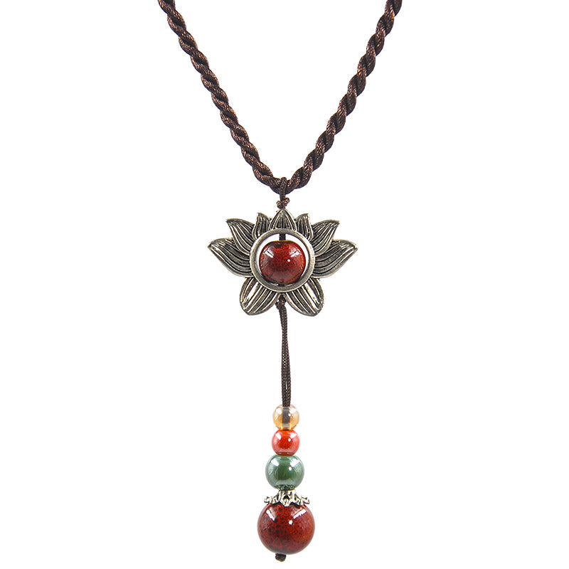 Retro Lotus Pendant Vermilion Decoration Necklace Simple Accessories Pendant Clothes Pendant National Style Sweater Chain