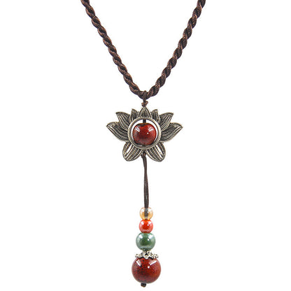 Retro Lotus Pendant Vermilion Decoration Necklace Simple Accessories Pendant Clothes Pendant National Style Sweater Chain