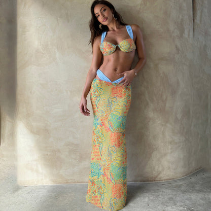 Color Block Printed Tie-Front Top And High Waist Skirt Set