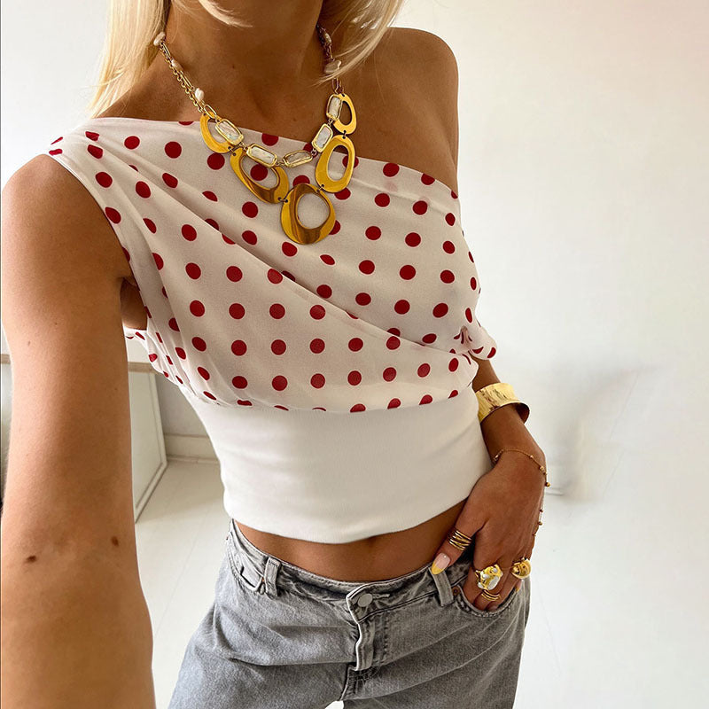 Retro Polka Dot Crop Top Sexy One-Shoulder Blouse