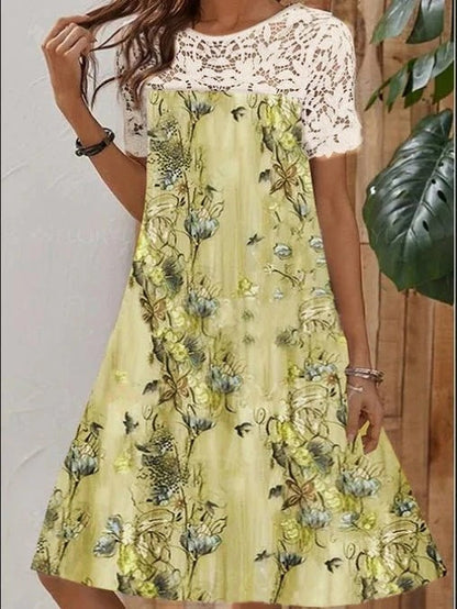 Loose And Slim Lace Print Short-Sleeved Dress