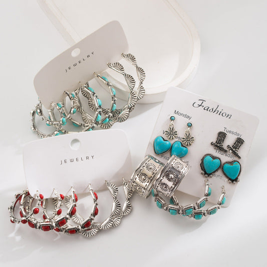 Vintage Heart-Shaped Turquoise Earrings Set, Retro Style