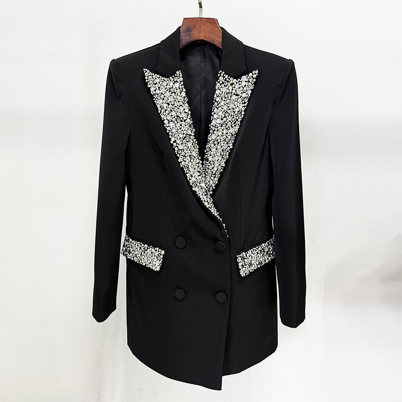 Elegant Tailored Long Blazer With Beaded Embellishments