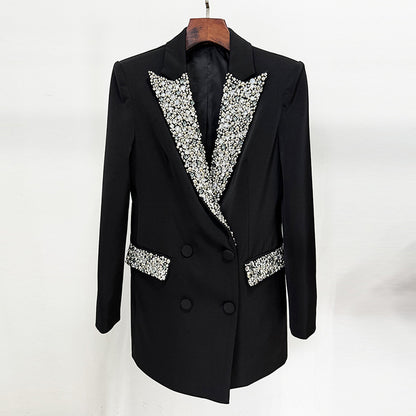 Elegant Tailored Long Blazer With Beaded Embellishments