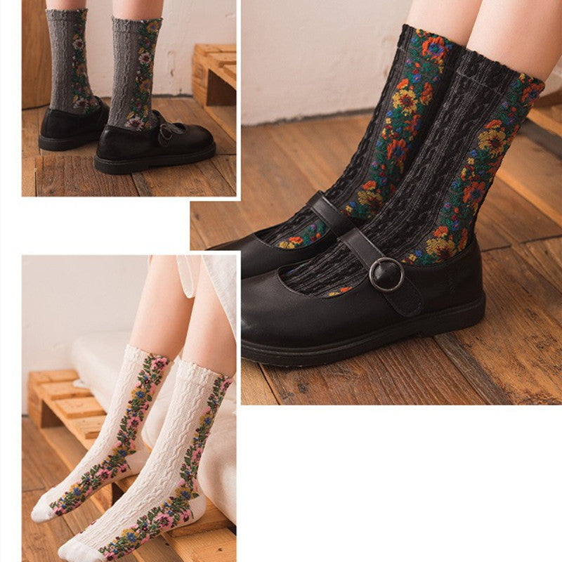 Retro Socks Women'S Tube Socks Ethnic Style Literary Forest Floral Japanese Pile Stockings Stockings