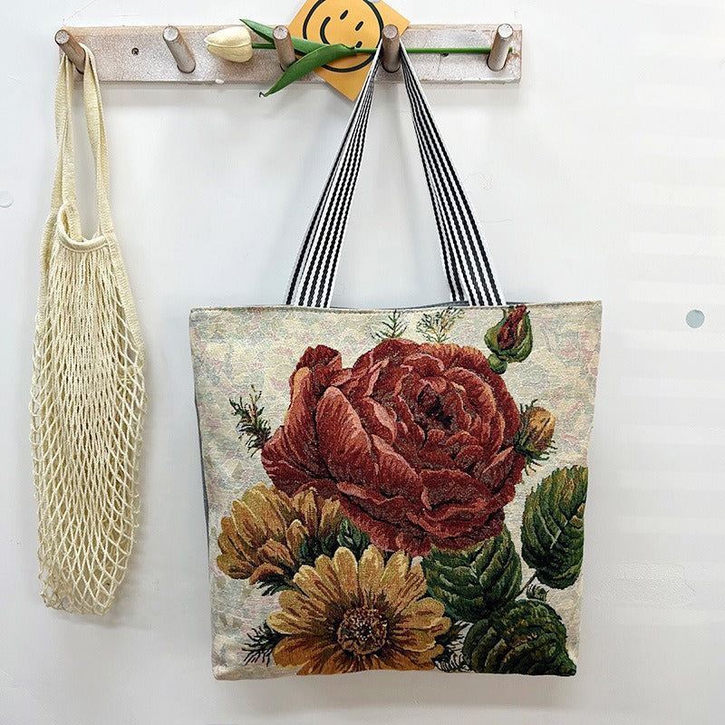 Large Capacity Tote Bag with Golden Embroidery Creative Pattern
