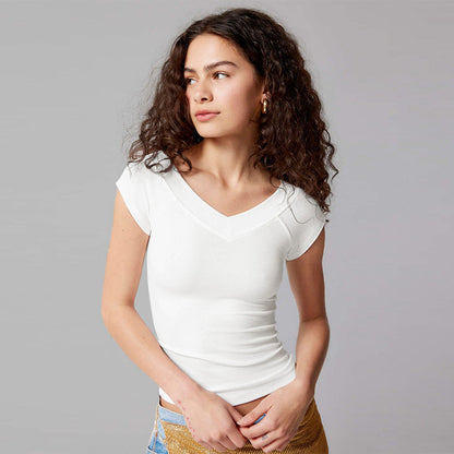 Y2K Solid Color V-Neck Knit T-Shirt for Women