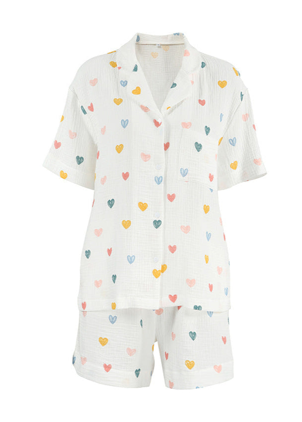 Cotton Gauze Pajama Set With Heart Print
