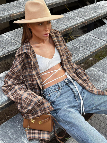 Oversized Cotton Plaid Button Up Shirt Brown