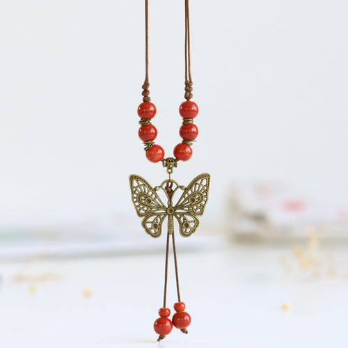 Ethnic Style Ceramic Long Sweater Chain Women'S Antique Hanging Vintage Chinese Style Butterfly Necklace