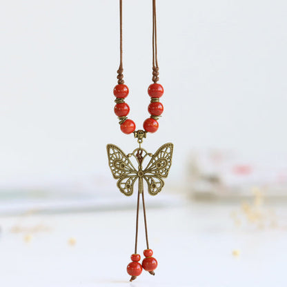 Ethnic Style Ceramic Long Sweater Chain Women'S Antique Hanging Vintage Chinese Style Butterfly Necklace