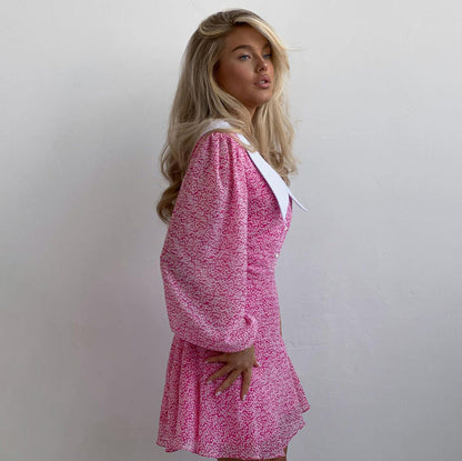Elegant Doll Collar Long Sleeve A-Line Dress With Animal Print