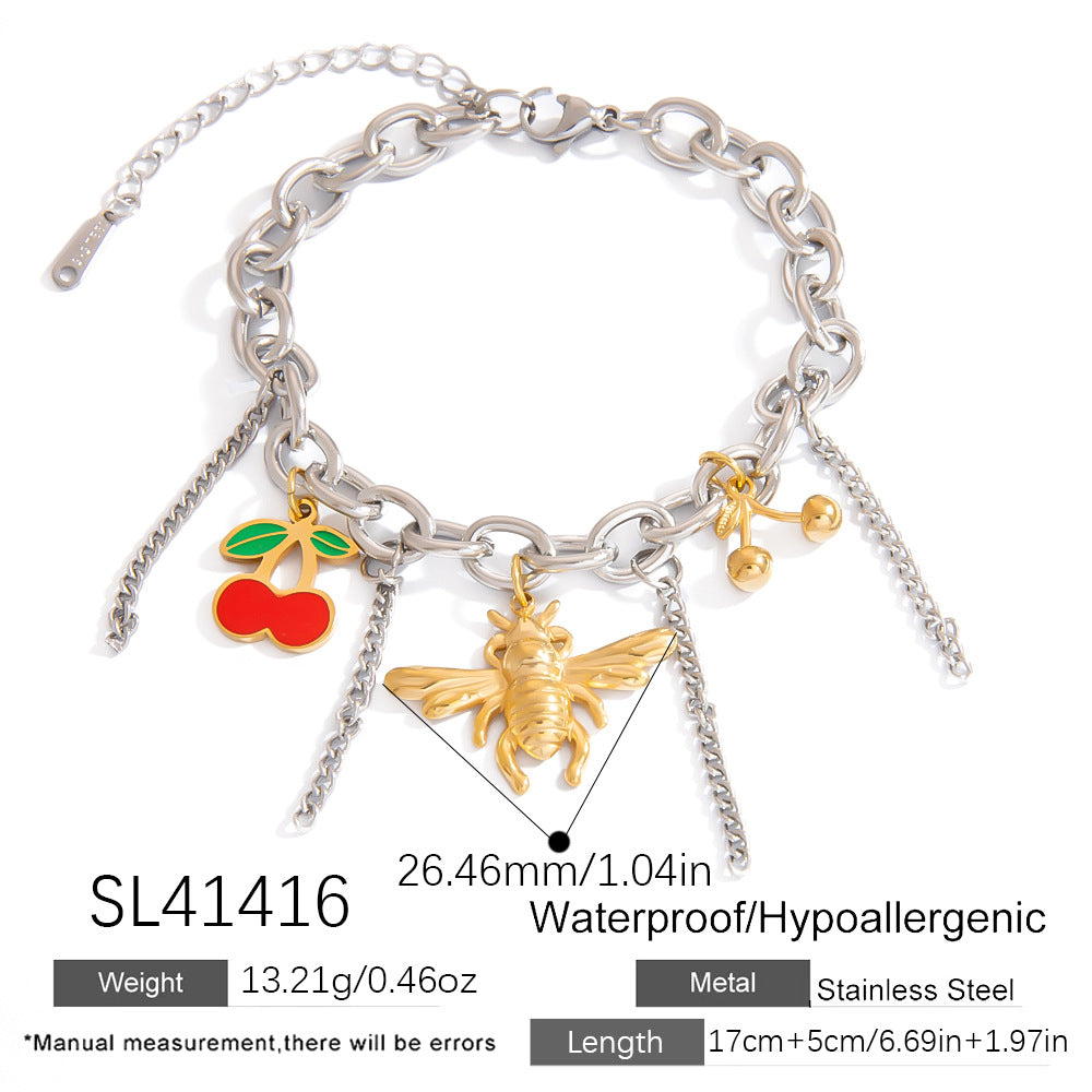 Cherry Strawberry Pendant Bracelet Stainless Steel Fashion Jewelry for Women
