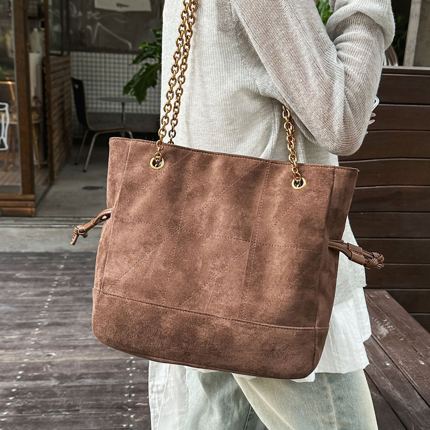 Retro Suede Tote Bag With Chain Strap Stylish Casual Shoulder Bag
