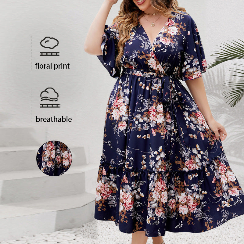 Navy Blue Floral V-Neck A-Line Dress Polyester For Casual Wear