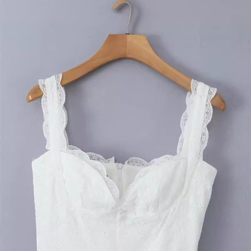 Sweet Lace Trim Straps Puff Mini Dress