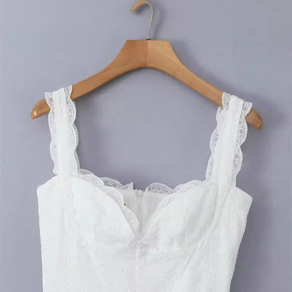 Sweet Lace Trim Straps Puff Mini Dress