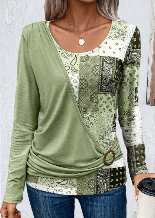 Autumn Printing Solid Color Stitching Casual Long-Sleeved Knitted T-Shirt