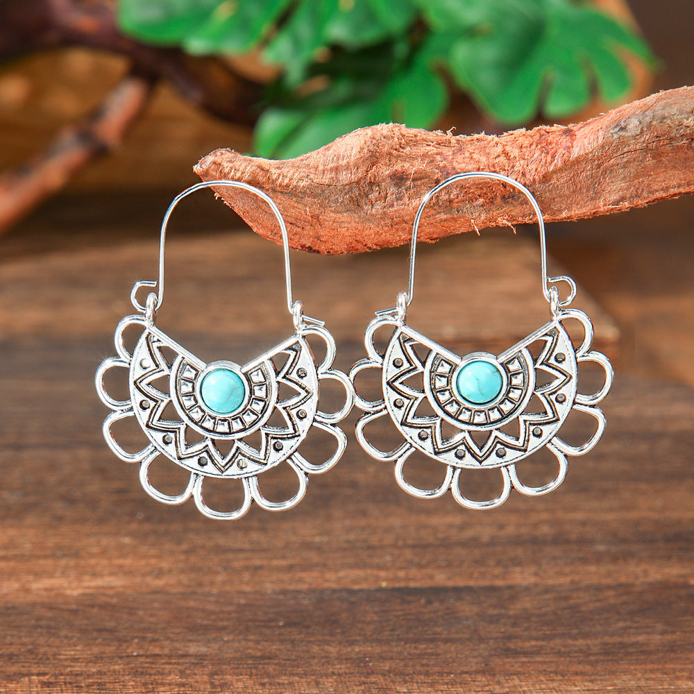 Simple Tribal Flower Teardrop Circle Turquoise Earring Set