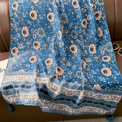 Ethnic Style Spring And Autumn New Blue Cotton Hemp Feel Thin Scarf With Flower Splice Fragmented Flower Retro Versatile Shawl
