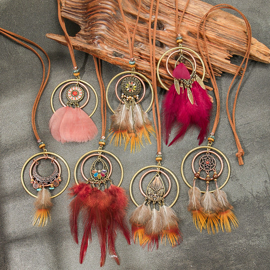 Ethnic Style Feather Pendant Necklace Handmade Zinc Alloy Jewelry