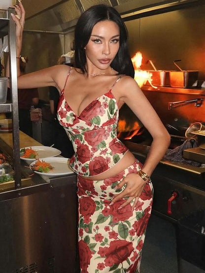 Floral Print V-Neck Bodycon Maxi Dress Set for Women