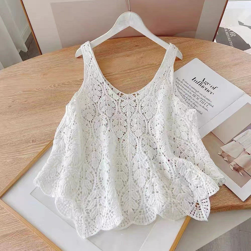 Crochet Hollow Knit Vest with Leaf Texture