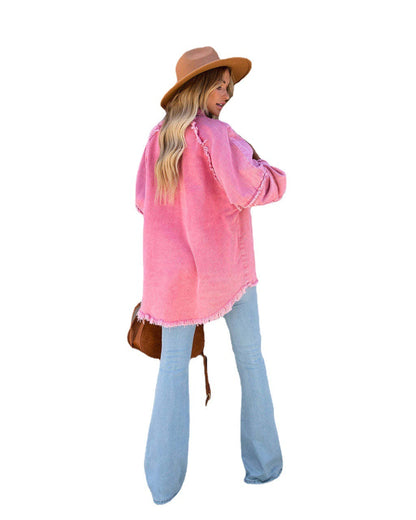 Washed Denim Fringe Jacket Chic Casual Oversized