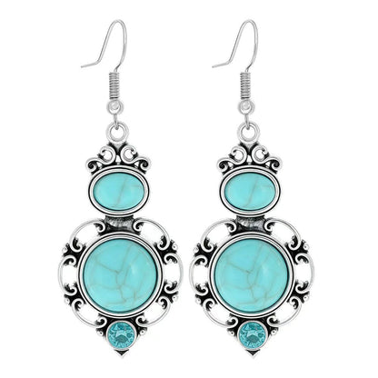 Simple Tribal Flower Teardrop Circle Turquoise Earring Set