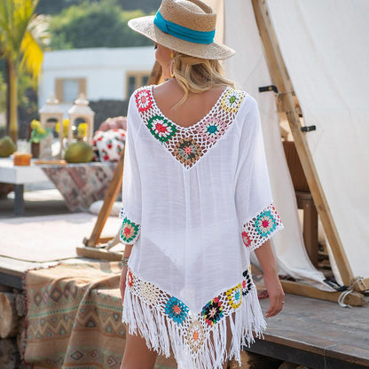 New Off The Shoulder Half Sleeve Hook Pattern Stitching Irregular Tassel Beach Cover Up Shirt Ethnic Style Dress