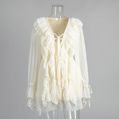 Chiffon Long Sleeve Dress With Ruffle Hem