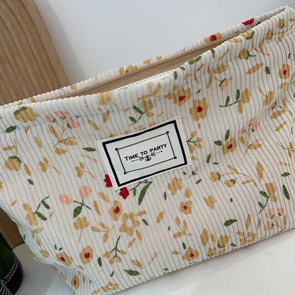 Floral Corduroy Makeup Bag Portable Travel Pouch