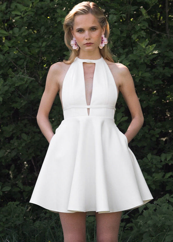 Halter Backless Fit Flare Dress White Fabric