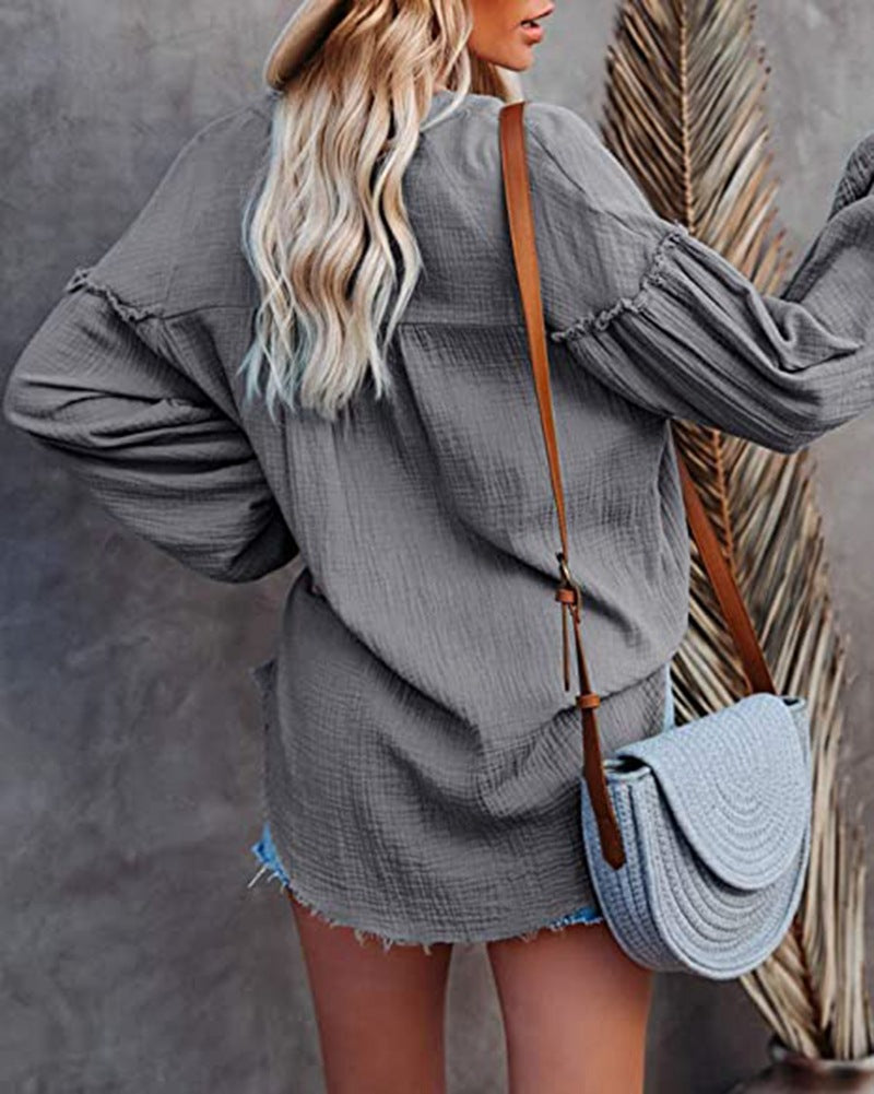Solid Color Mosaic Lantern Sleeve Button V-Neck Casual Shirt Woman